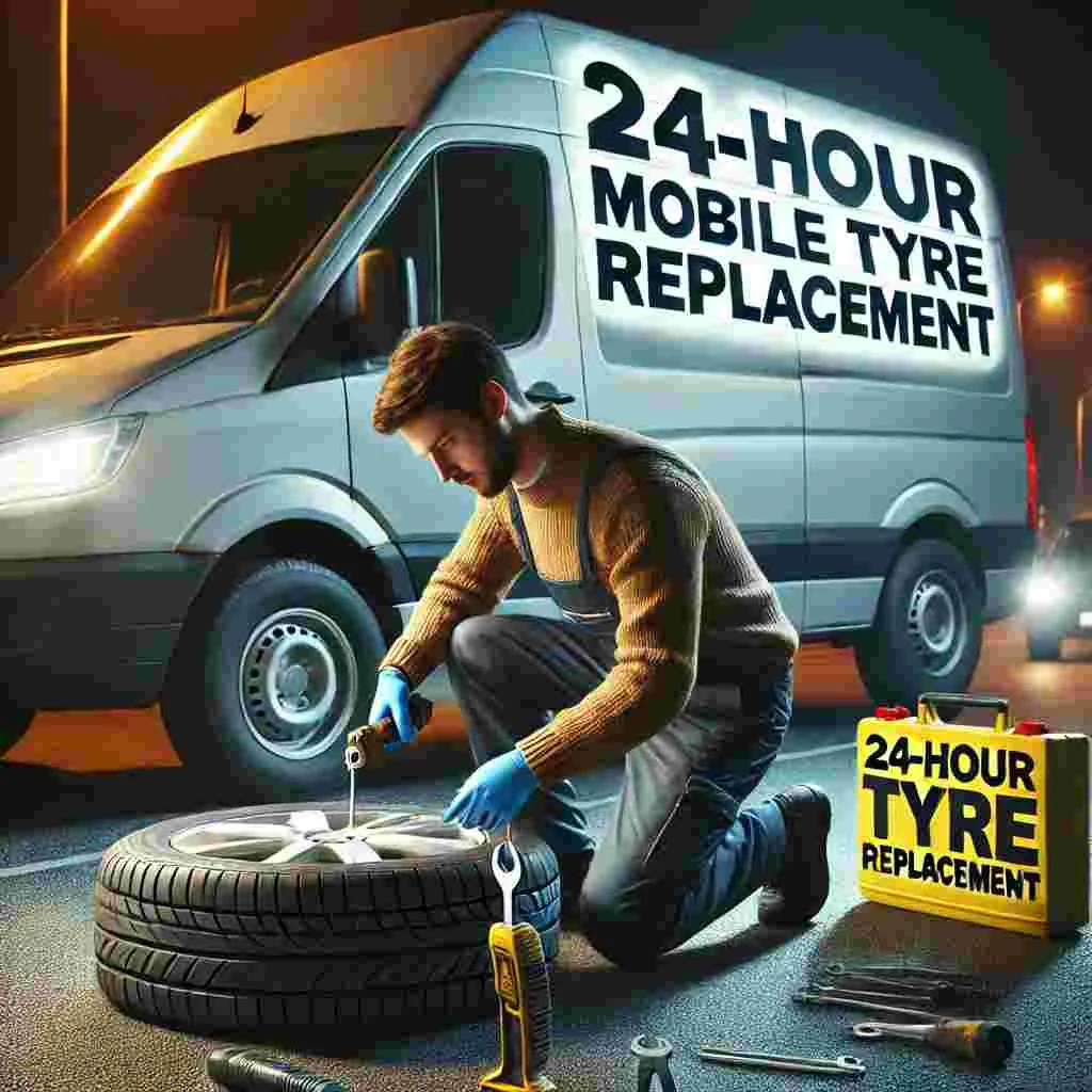 A mobile tyre technician crouched next to a car, expertly replacing a damaged tyre. The technician is using professional tools, with a fully equipped van positioned nearby, doors open to display hardware and spare tyres. The setting emphasizes the efficiency and readiness of a 24-hour tyre replacement service, conveying reliability and convenience.
