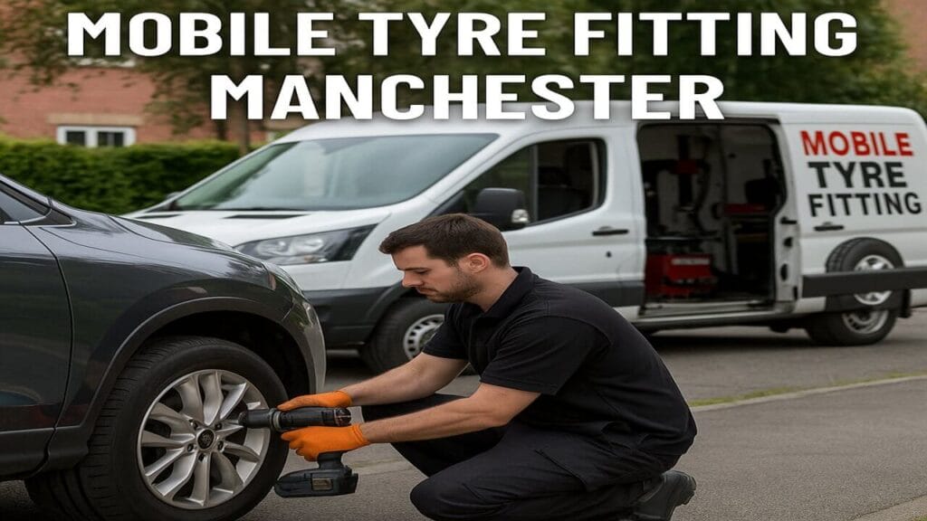 Mobile tyre fitting technician working on a dark grey car in Manchester, using a cordless impact wrench with a branded van in the background.