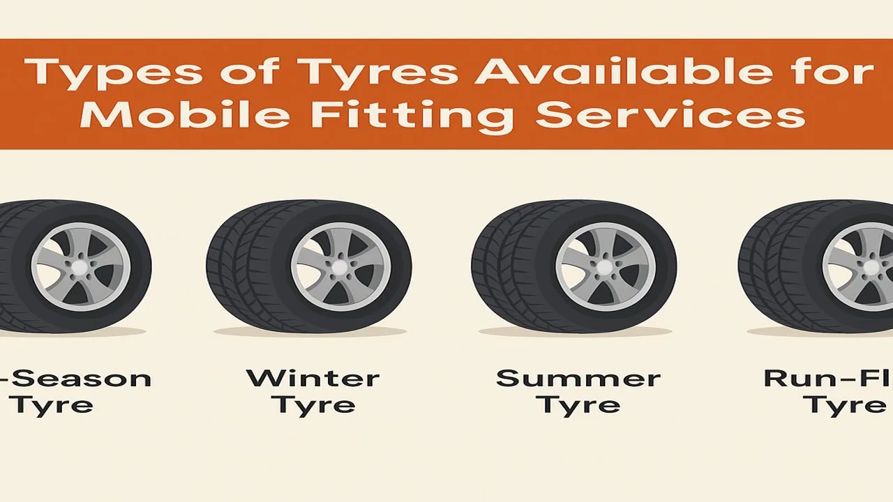 Infographic showing types of tyres available for mobile fitting services, including All-Season, Winter, Summer, and Run-Flat tyres, with labels for each type