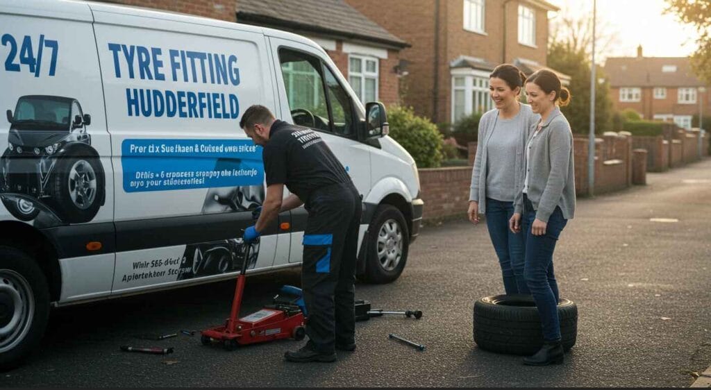 24/7 mobile tyre fitting service in Huddersfield - professional mechanic changing a car tyre at customer's location with branded van