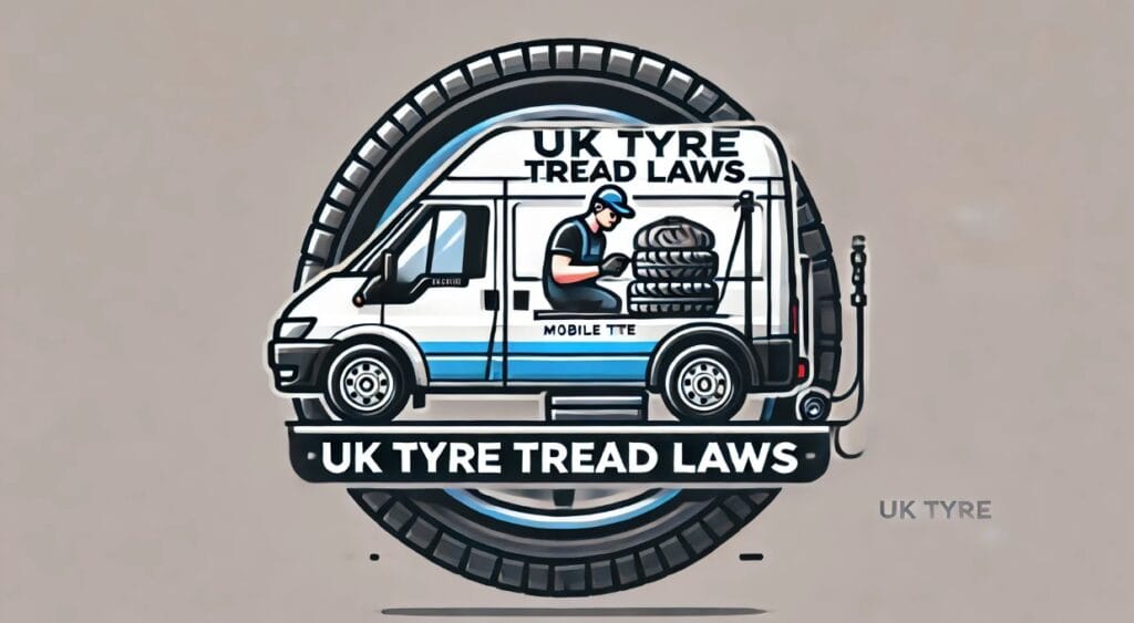 A mobile tire fitting vehicle with 'UK Tyre Tread Laws' written on the side, showcasing a mechanic working on a tire, symbolizing the convenience of mobile tire services and the importance of legal compliance with tyre tread depth regulations in the UK.
