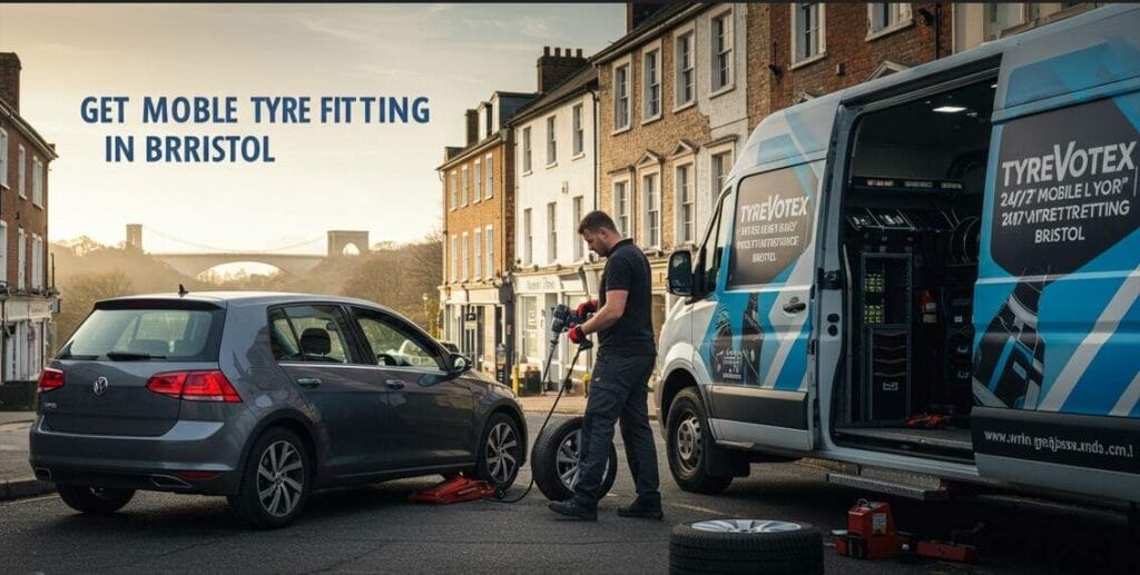 Tyrevortex mechanic in uniform changing a flat tyre on a customer's Volkswagen Golf in Bristol, with branded mobile fitting van parked nearby. Day and night lighting highlights 24/7 availability, with Clifton Suspension Bridge faintly visible in background.