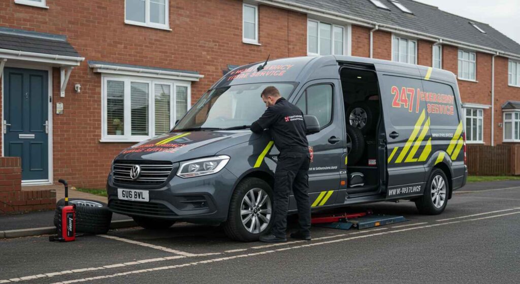 Emergency mobile tyre fitting service operating at night in Liverpool