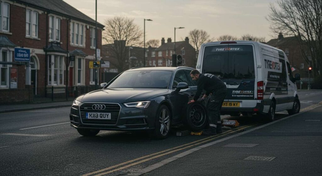 Technician providing 24/7 mobile tyre fitting service on a roadside in Leeds