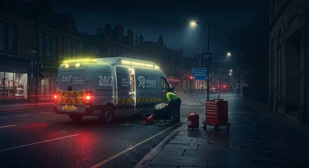 A mobile tyre fitting van parked roadside in Sheffield while a technician changes a car tyre