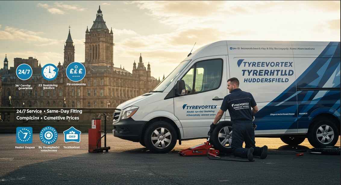 Tyrevortex-branded mobile tyre fitting van in Huddersfield with a uniformed mechanic changing a car tyre, featuring floating benefit icons (24/7 availability, price guarantee, certified technicians, fast response) against a backdrop of Huddersfield's Victoria Tower, showcasing professional on-site tyre replacement services.