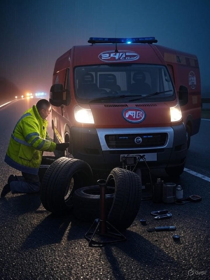 Technician performing emergency mobile tyre fitting at night on a UK motorway, with van headlights and flashing lights illuminating a rainy road.